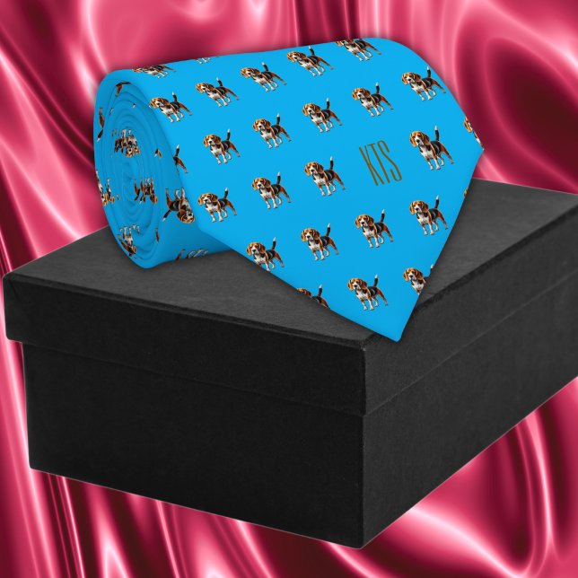 Cravate Chiens beagles Motif Vétérinaire monogramme (Beagle Dogs Pattern Monogrammed Veterinarian Neck Tie in blue colour.)