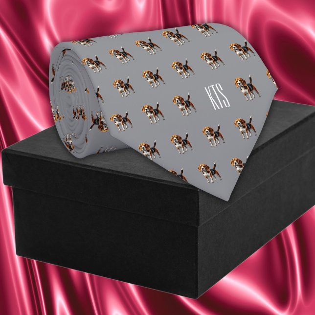 Cravate Chiens beagles Motif Vétérinaire monogramme (Beagle Dogs Pattern Monogrammed Veterinarian Neck Tie in gray color)