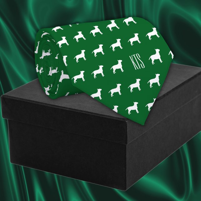 Cravate Chiens de taureau Motif Monogramme Vétérinaire (Pit Bull Dogs Pattern Veterinarian Neck Tie in forest green color.)