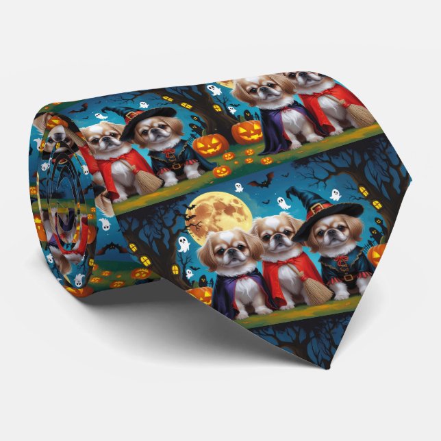 Cravate Chiens Pekingese Citrouille Halloween drôle (Roulé)