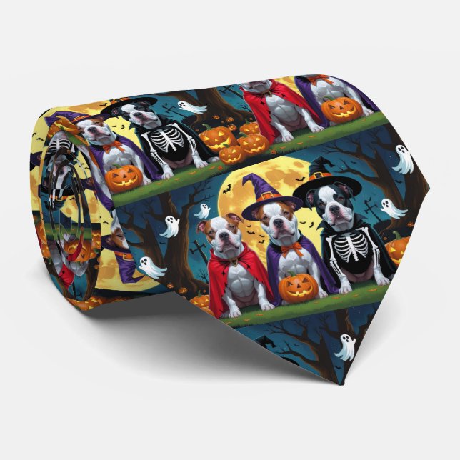 Cravate Chiens Pitbull Citrouille Halloween Drôle (Roulé)