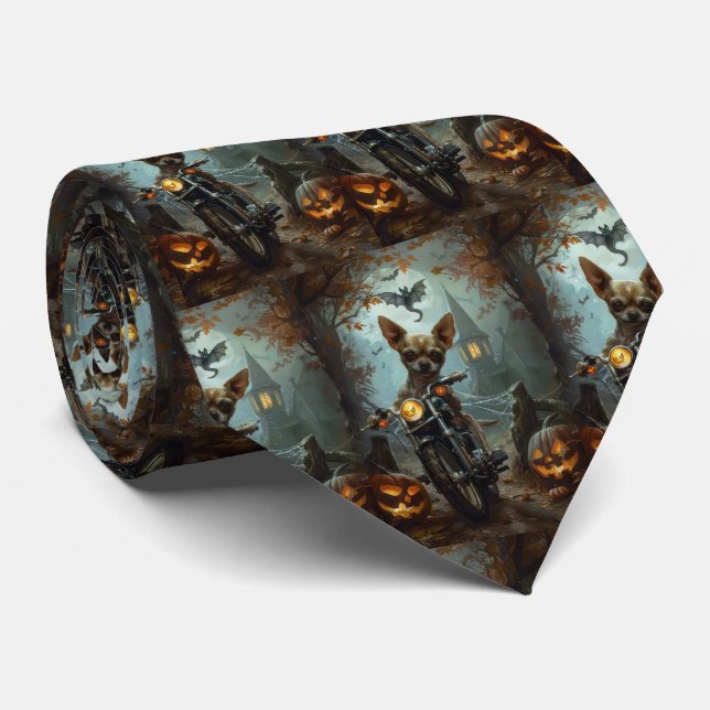 Cravate Chihuahua à moto Halloween effrayant (Roulé)