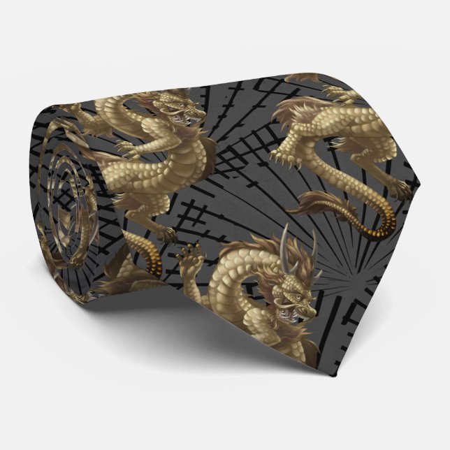 Cravate Chinois Lucky Gold Dragon Necktie (Roulé)