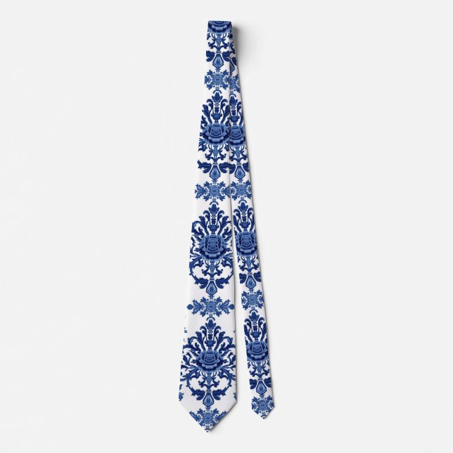 Cravate Chinoiserie Chic Motif Fleur Bleu Marine (Devant)