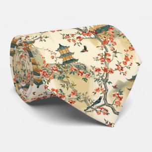 Cravate Chinoiserie Élégante - Pagodes, Fleurs et Oiseaux