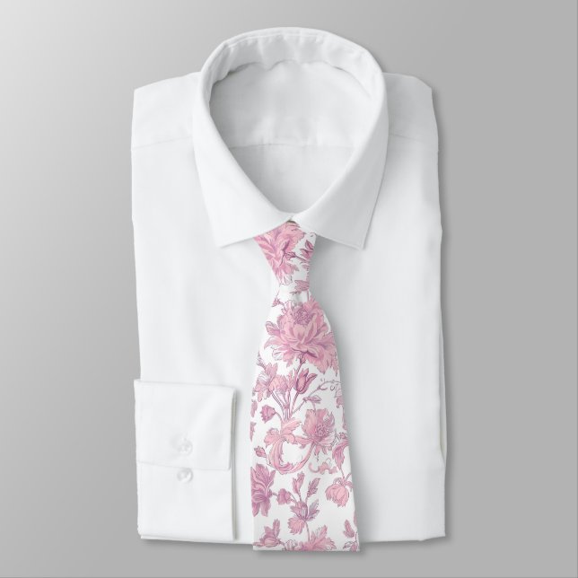 Cravate Chinoiserie florale rose et blanc  (Attaché)