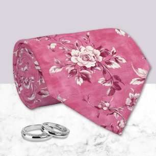 Cravate Chinoiserie florale rose rose vintage