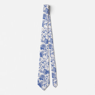 Cravate Chinoiserie Pagode Vintage Florale Bleu et Blanc