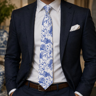 Cravate Chinoiserie Pagode Vintage Florale Bleu et Blanc