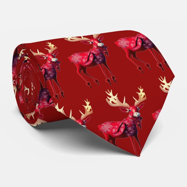 Cravate Christmas Celebration Red Reindeer White Snowflake (Roulé)