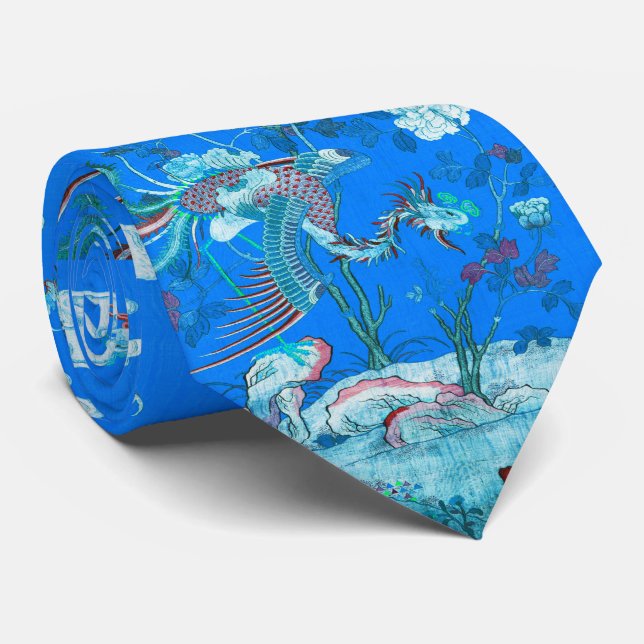 Cravate Cinq Phoenix dans Jardin chinois bleu floral (Roulé)