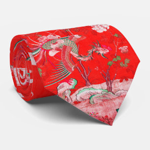 Cravate Cinq Phoenixes dans Jardin Chinois Rouge Floral