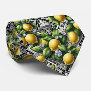Cravate Citron Amalfi Faux Soie Luxe Art Déco Diamants