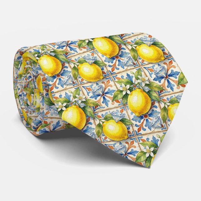 Cravate Citron d'Amalfi Méditerranée Faux Diamants Faux So (Roulé)