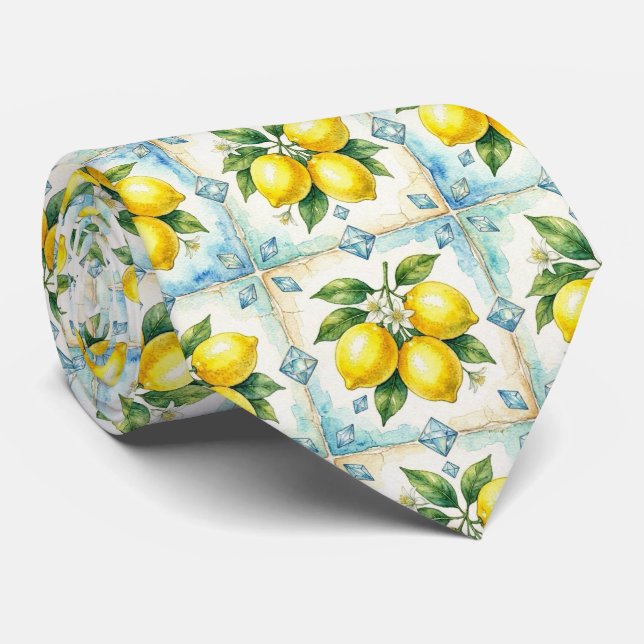 Cravate Citron d'Amalfi Méditerranée Faux Diamants Faux So (Roulé)