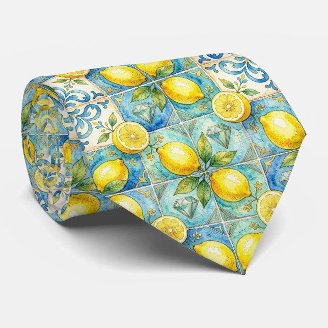 Cravate Citron d'Amalfi Méditerranée Faux Diamants Faux So (Roulé)