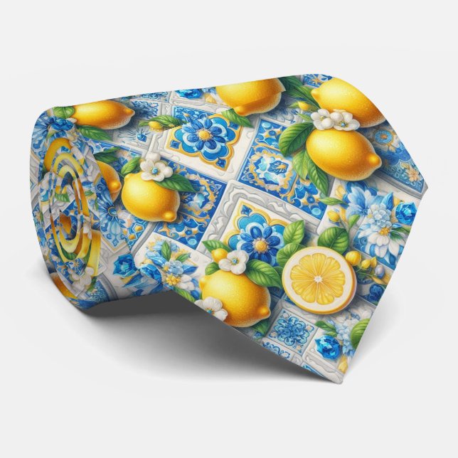 Cravate Citron d'Amalfi Méditerranée Faux Soie Aquarelle (Roulé)