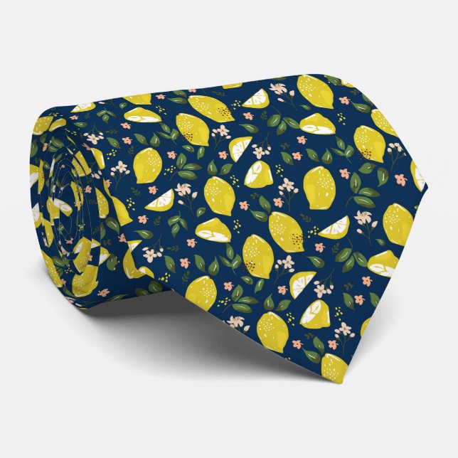 Cravate Citron jaune bleu fruit brillant été (Roulé)