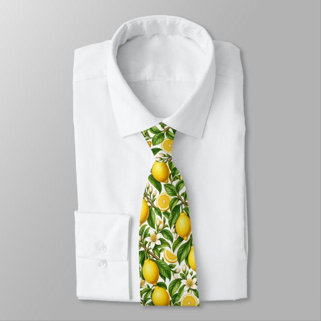 Cravate Citrons botaniques et fleurs blanches (Attaché)