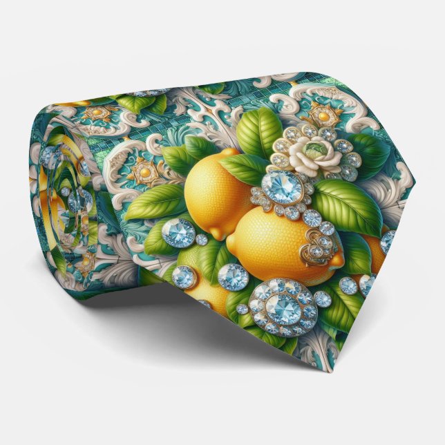 Cravate Citrons d'Amalfi Faux Soie | Diamants Art Déco (Roulé)