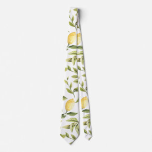 Cravate Citrons et Feuilles   motif botanique aquarelle