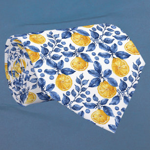 Cravate Citrons jaunes feuillage bleu Méditerranée Amalfi