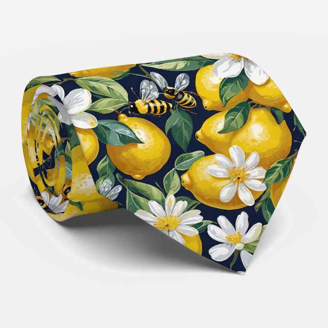 Cravate Citrons jaunes frais avec abeilles affairées et fl (Roulé)
