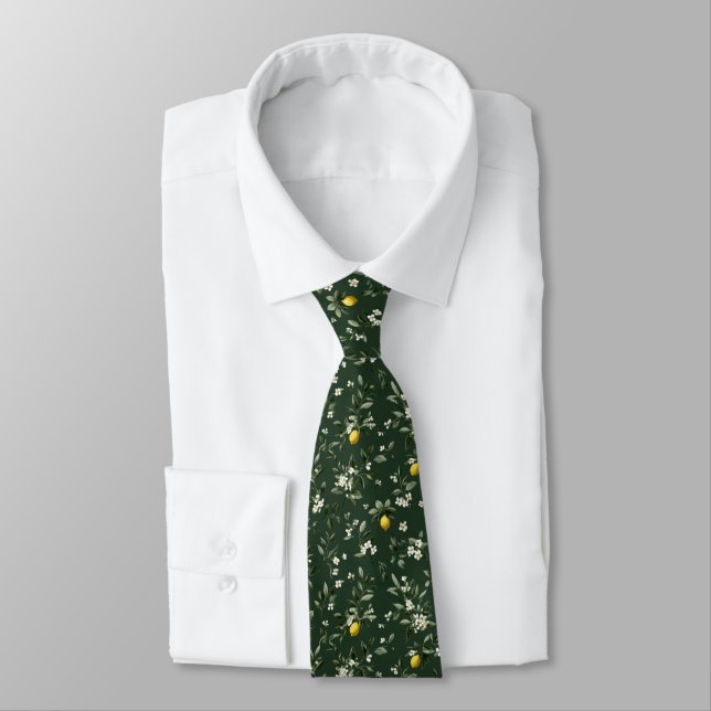 Cravate Citrons Vert Foncé Florales Blanches Mariage du Ma (Attaché)