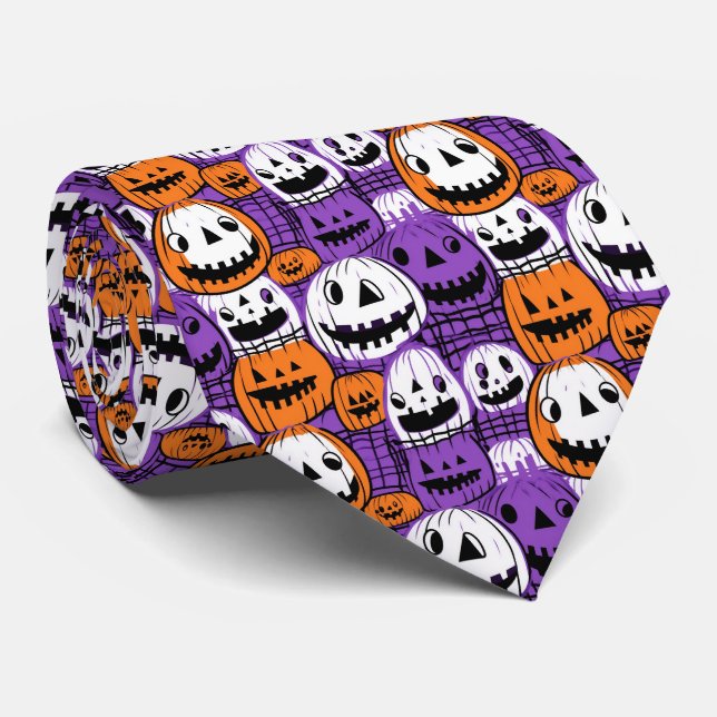 Cravate Citrouille d'Halloween - Violet, Orange, Blanc (Roulé)