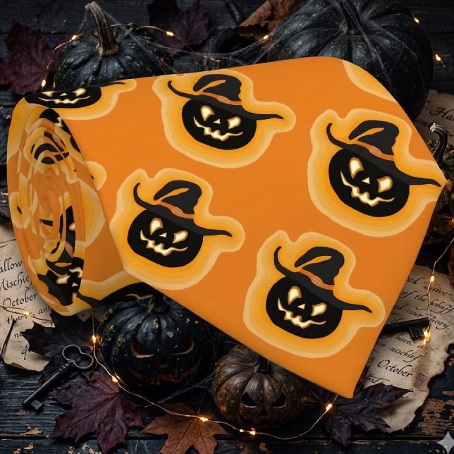 Cravate Citrouille Lumineuse Sorcière Sur Orange (Créateur téléchargé)