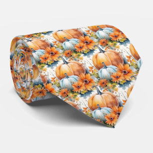 Cravate Citrouilles d'automne avec Fleurs et Motif de feui