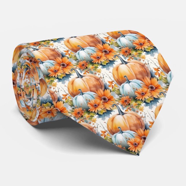 Cravate Citrouilles d'automne avec Fleurs et Motif de feui (Roulé)