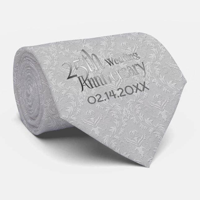 Cravate Classic Silver Damask 25e anniversaire Mariage (Roulé)