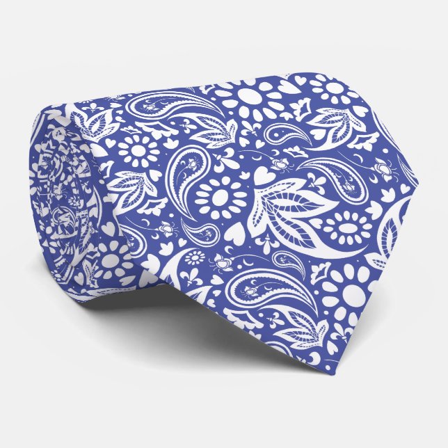Cravate Classique Bleu Blanc Boho Chic Paisley Motif (Roulé)