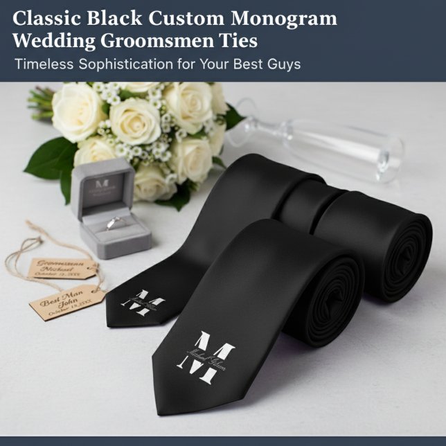 Cravate Classique Noir | Mariage à Monogramme Personnalisé (Classic Black | Custom Monogram Wedding Groomsmen Neck Tie)