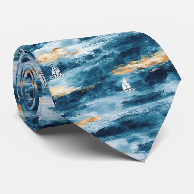 Cravate Coastal Sailboat Waves Nautical Pattern (4) (Roulé)