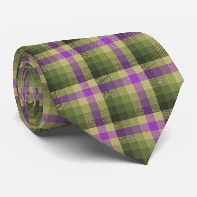 Cravate Cocher fou Plaid Olive Green et Violet à deux côté (Roulé)