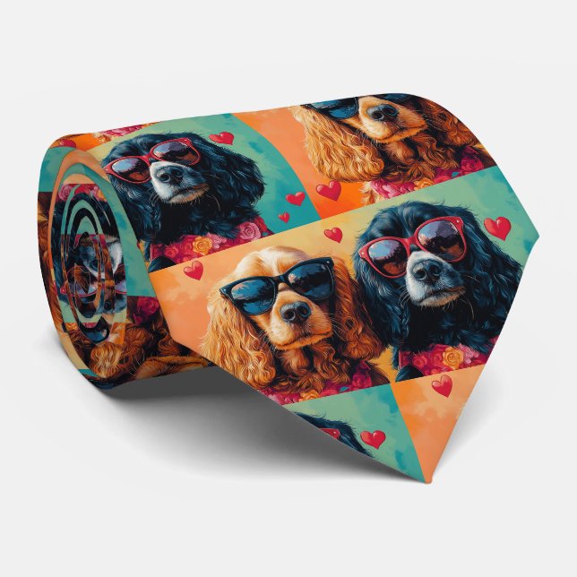 Cravate Cocker Spaniel avec roses de cœur Saint-Valentin (Roulé)