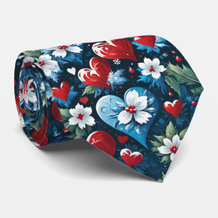 Cravate Coeurs de Noël floraux en bleu rouge et vert