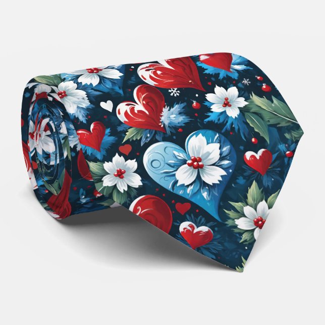 Cravate Coeurs de Noël floraux en bleu rouge et vert (Roulé)