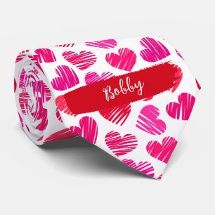 Cravate Coeurs griffés rouges et roses modernes Valentine