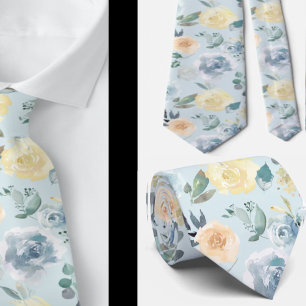 Cravate Col bleu poussiéreux et roses florales crème aquar