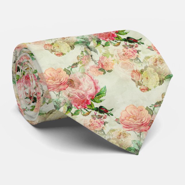 Cravate Col élégant avec roses antiques rose pêche (Roulé)