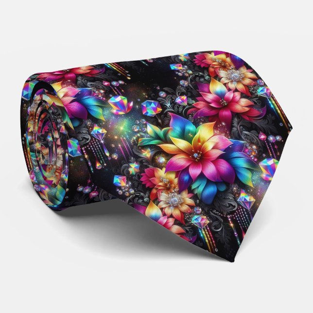 Cravate Col extravagant | Fleurs arc-en-ciel et diamants (Roulé)