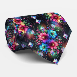 Cravate Col extravagant   Fleurs arc-en-ciel et diamants