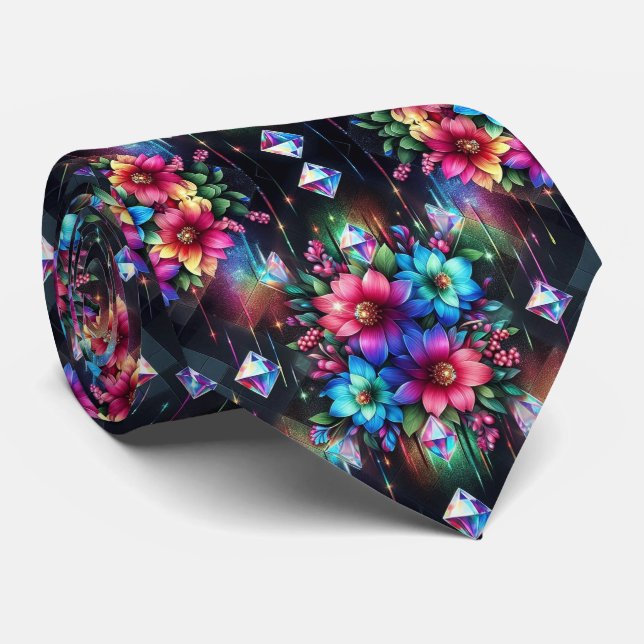 Cravate Col extravagant | Fleurs arc-en-ciel et diamants (Roulé)
