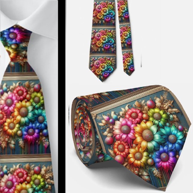Cravate Col extravagant | Fleurs arc-en-ciel fausse brilla (Créateur téléchargé)
