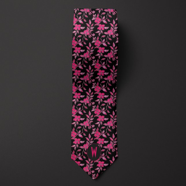 Cravate Col Ferré Floral Rose Pâle sur Noir (Créateur téléchargé)