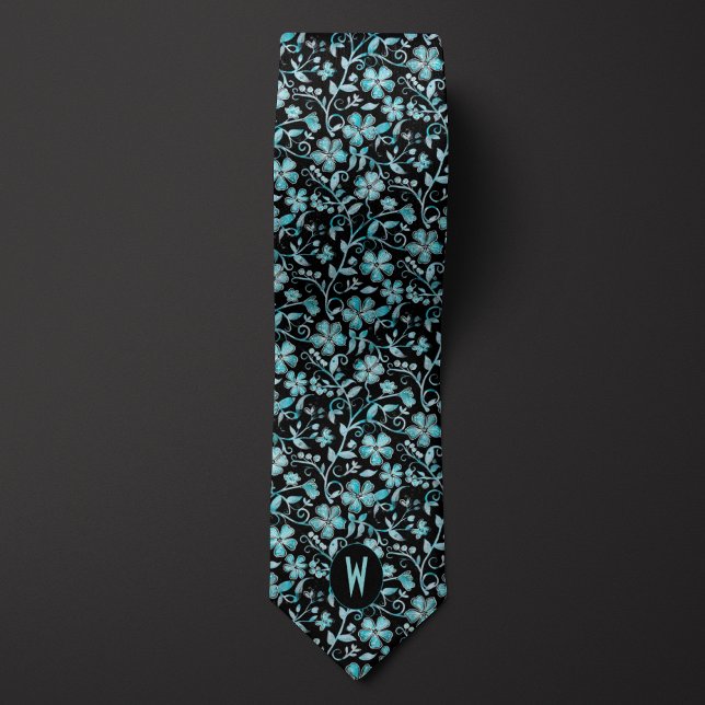 Cravate Col foulard floral sarcelle sur noir (Créateur téléchargé)