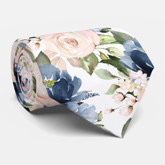 Cravate Col Foulard PixDezine Dusty Blue Blush Roses Navy (Roulé)